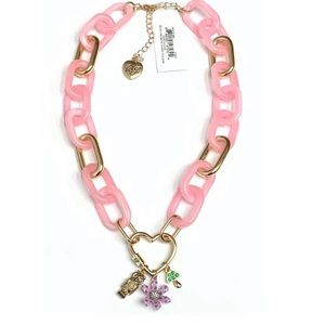 BETSEY JOHNSON Pink & Gold Link Necklace W/ Heart Flower Owl & Mushroom